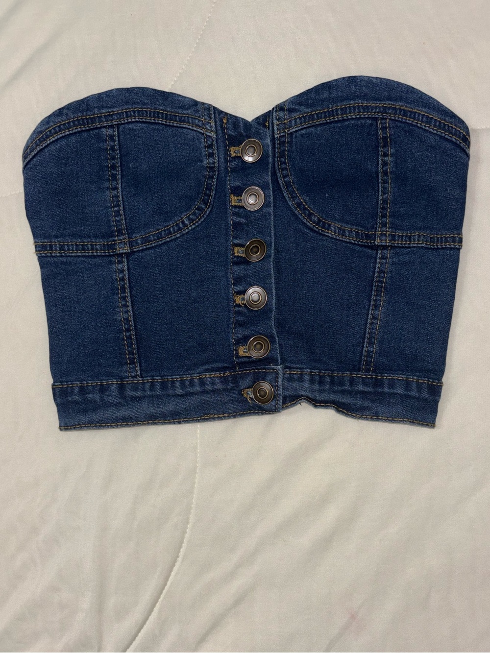 refuge Dark Blue Denim Strapless Button-Front Bustier Crop Top